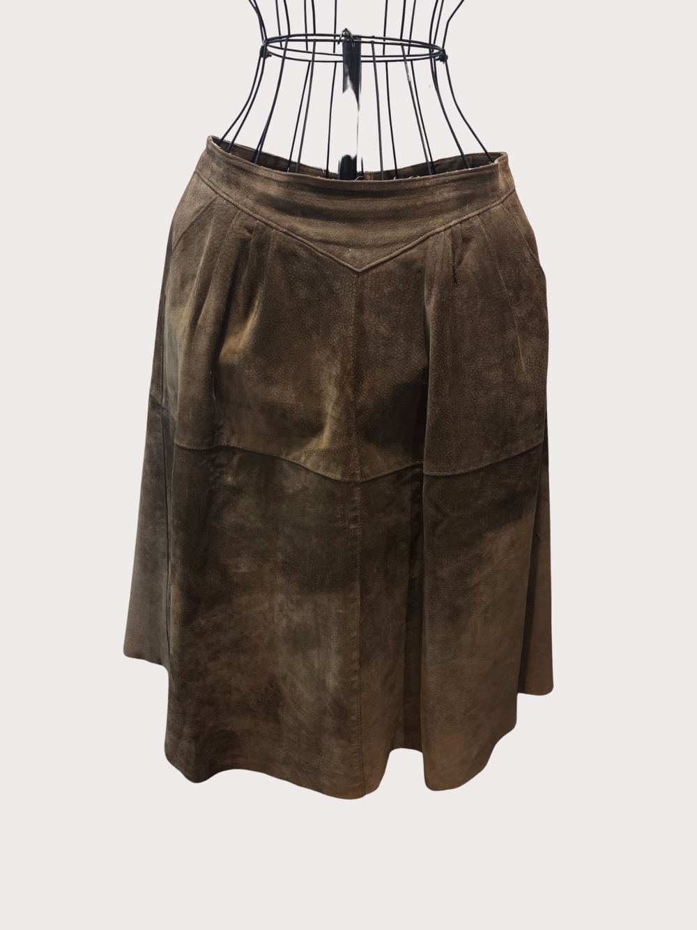 VTG MIDI A-Line Leathet Suede Panel Skirt in Brown